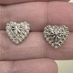 Silver-Tone Heart Stud Earrings - Textured Floral Center